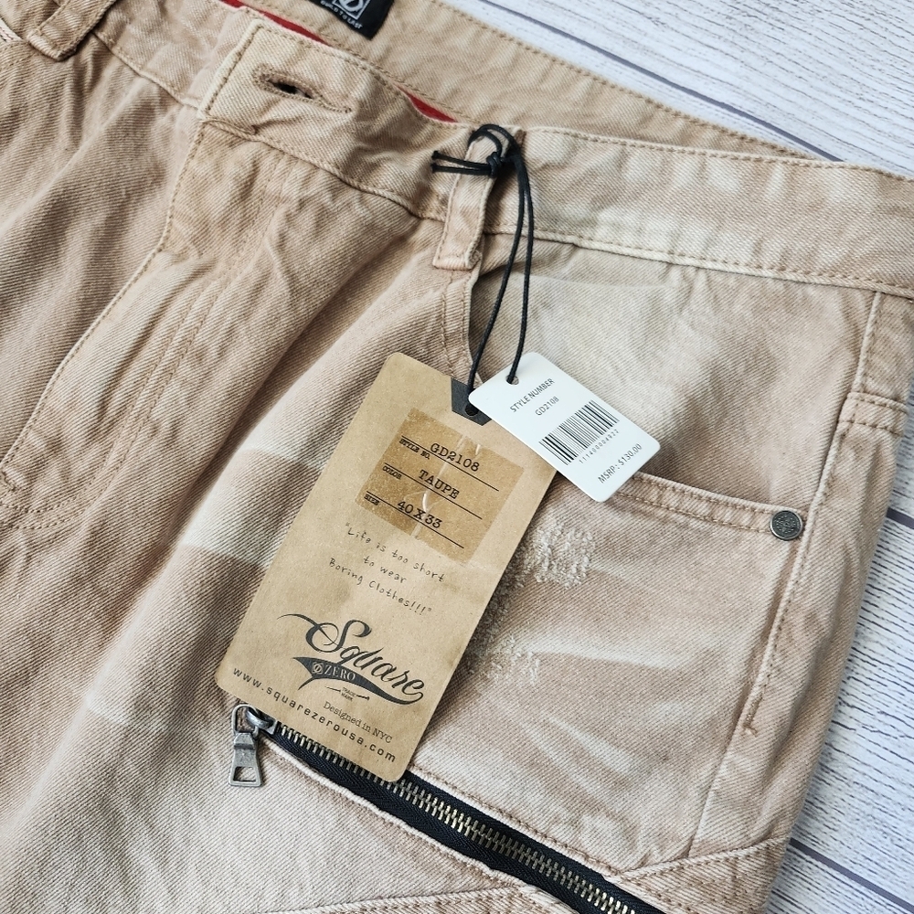 Men's Biker Slim Distressed Jeans (Tan/Taupe Wash) - Picture 6 of 16